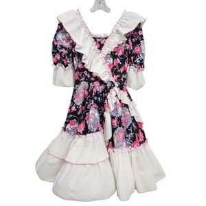 Vintage 80's  Call It Fancy Square Dancing Black w Pink Roses White Ruffle Dress